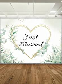 1pc Just Married Wedding Photography Backdrops Heart Shaped Watercolor Flowers Green Leaves Photo Background 59.1*39.4/82.7*59.1/106.3*70.9 Inches Indoor Outdoor Groom Bride Party Banner Romantic Bridal Couple Decoration Supplies