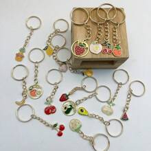 18 pièces/set porte-clés avec fruits dessin animé, fraise, cerise, banane, pomme, avocat, poire, ananas, pastèque, pamplemousse, accessoires de bijouterie, gouttes d'huile en métal, cadeau de fête des mères, accessoires de voiture, charm de sac à dos pour école, fruits