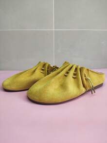 Yellow Women Vintage Ruched Slip-On Backless Mules Slippers, Versatile Flat Slide Sandals, Spring/Summer 2025 New Arrival - Yellow - View 6