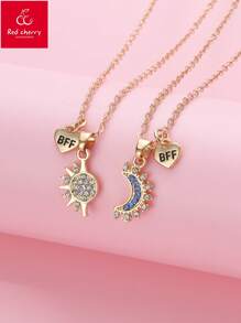 2pcs Zinc Alloy Bling Sun & Moon Design Necklace Set For Girls, With BFF Pendant, Suitable For Friendship Matching Everyday Wear