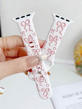 1pc Apple Watch Band Apple Watch Strap Cute Bow Two-Color Engraved Silicone Strap Is Suitable For 38/40/41/42/44/45/49mm, Compatible With Apple Watch Ultra2/SE/9/8/7/6/5/4/3/2/1series, Women Watchbands, Fine Women Fashion Watch Accessories, Smart Watch Strap/Band, Unique Personalized And Style Valentines