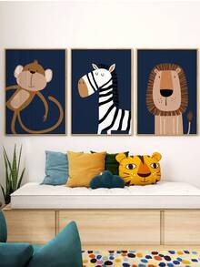 1pc Canvas Hanging Picture, Navy Blue, Nursery Wall Art Print, Digital Nursery Art, Jungle Animals Print, Nursery Artwork, Kids Room Wall Art, Animal Art Print - Kids Room Decor - Multicolor - View 4