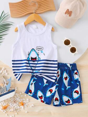 2pcs Boys Summer Casual Shark Digital Printing Vest Set, Vacation & Travel Cool Breathable Vest Suit