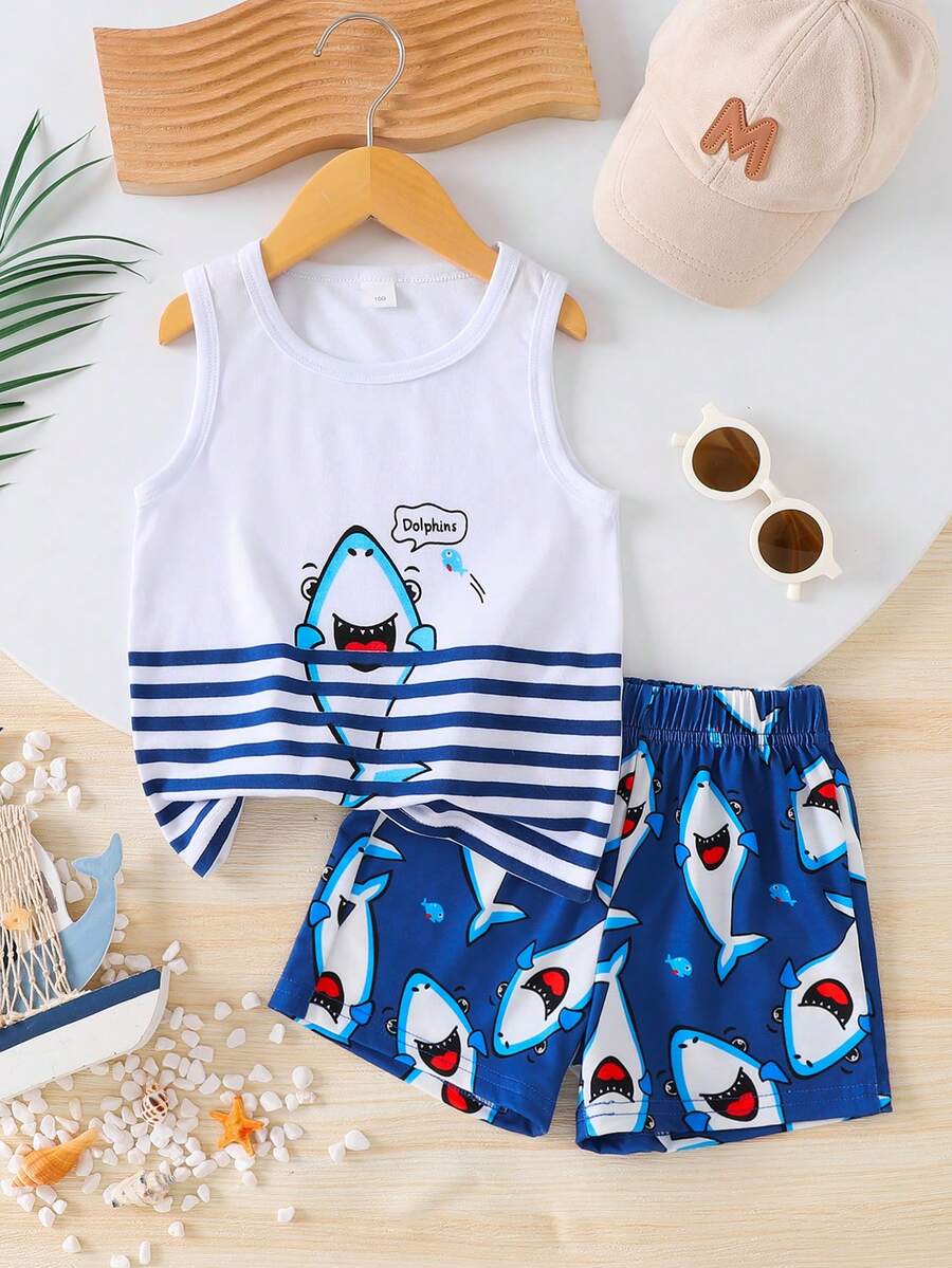 2pcs Boys Summer Casual Shark Digital Printing Vest Set, Vacation & Travel Cool Breathable Vest Suit - Blue and White - View 1