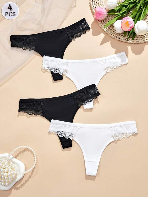 4Pcs Women's Black And White Thong, Lace Ice Silk Fabric, Comfortable Lace Panels, Sexy Beauty