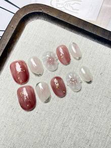 10 件/套 DIY 手工制作简单多样的手绘花朵图案，带珍珠装饰，日式轻奢贝壳金箔杏仁形温柔优雅风格美甲，包括 1 个凝胶和 1 个指甲锉，非常适合日常生活和派对服装贴片指甲用品按压指甲指甲 - 彩色 - 查看 6