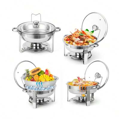 mteryoing 2/4 Pack Chafing Dish Buffet Set, 5QT Stainless Steel Chafer For Catering, Round Buffet Warmer Server With Glass Lid Water Pan Lid Holer For Parties Wedding Banquet