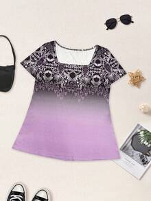 新款轻盈、优雅、百搭的女士夏季几何印花圆领短袖休闲T恤，适合外出、居家、旅行和工作度假穿着。 - 紫色 - 查看 2