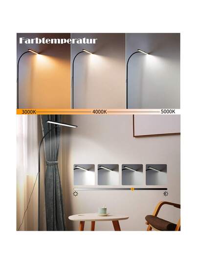 Vloer Lamp LED Living Room Dimmable Zwart Reading Verlichting 156CM Moderne 10W Touch Office Light, Timer Memory Function Bedroom Adjustable Gooseneck view 3
