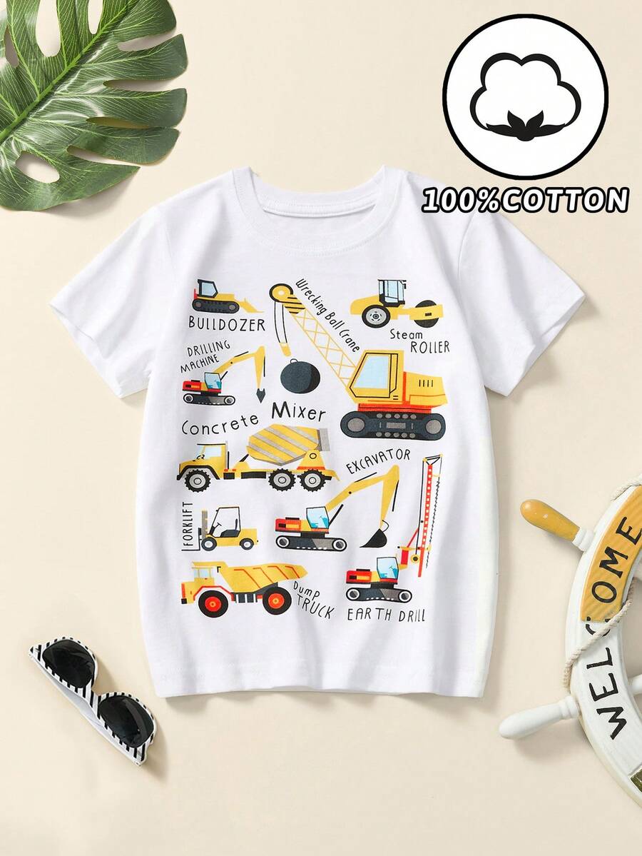 1 件装年轻男孩休闲卡通挖掘机印花圆领短袖 T 恤，时尚设计，适合春夏季 - 白色 - 查看 1