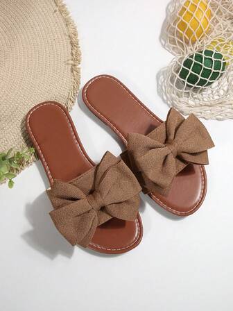 Plus Size & Wide Width Slipper, Round Toe Bow Decor Ladies Slide Sandals, Strap Slip On, Resort Style Beach Shoes,Elegant Casual Summer Flat Comfortable Sandals For Women