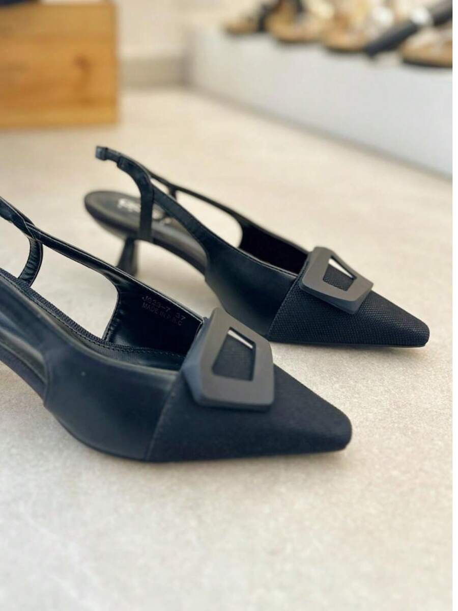 Fashionable And Elegant Geometric Decor Pointed Toe High Heels - Black - View 1
