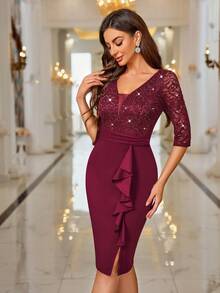 MIUSOL Deep V-Neck Sequin Floral Lace Ruffle Trim Cocktail Party Bodycon Dress - Red - View 6