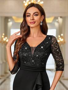 MIUSOL 深V领亮片花卉蕾丝荷叶边下摆鸡尾酒礼服，婚礼宾客正式礼服 - 黑色 - 查看 8