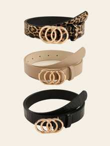 Set combo de 3 piezas: Cinturón de moda para damas con decoración de hebilla de aleación clásica en estampado de leopardo, grabado en PU y beige - Multicolor - Ver 16