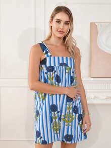 Women's Summer Tie Strap Dress Stripe Tree/Flower Print Loose Mini A Line Dress For Beach - Blue - View 2