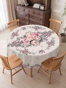 1pc Pink Floral Tablecloth, Floral Style Decorative Tablecloth, Spring Decor Tablecloth & Table Runner, Party Decoration, Restaurant & Kitchen Dining Table Round Tablecloth, Birthday Decor, Birthday Gift, Home & Kitchen Decor, Party Favor - Pink Flowers - View 8