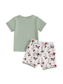 Toddler Boys Summer Outfits Letter Print Round Neck Short Sleeve T-Shirts Elastic Waist Shorts 2Pcs Clothes Set - Mint Green - View 5