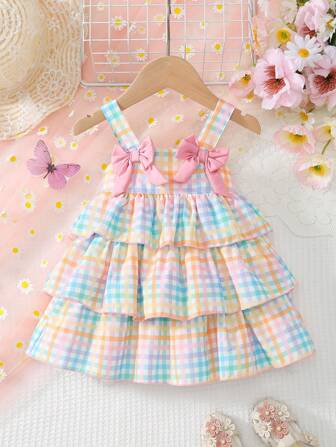 Versatile Vintage Sleeveless Layered Gingham Dress With Bow Decor For Baby Girls, Everyday Wear