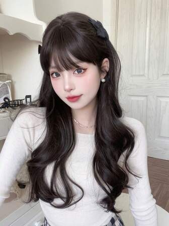 alicegarden 1 件合成耐热长自然波浪黑棕色假发，带刘海，24 英寸长（不包括配饰）