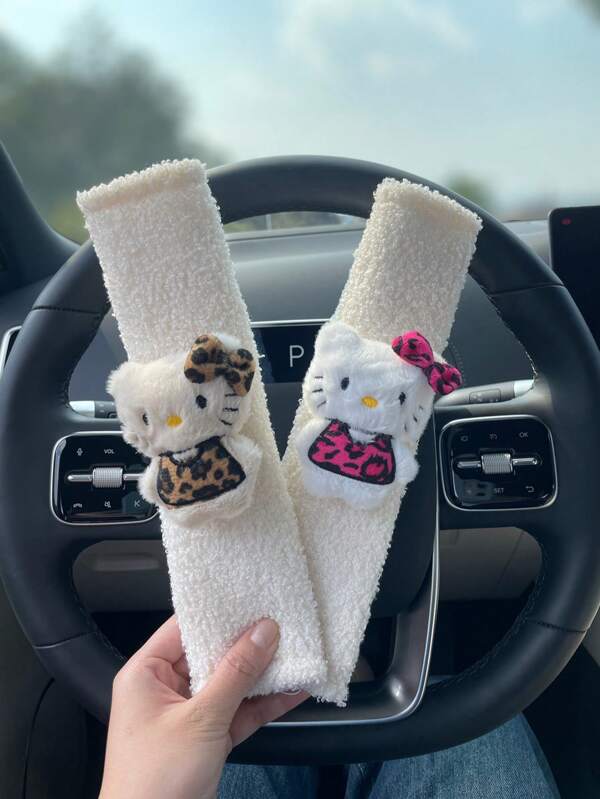Sanrio 1pc/2pcs Essential Car Accessories, Kitty Shoulder Pads, Leopard Print And Multiple Colors, Hello Kitty Seat Belt Shoulder Pads, Seat Belt Protective Covers, Lamb Fleece Is Softer And More Comfortable, Prevents Seat Belts From Strangling The Neck, Suitable For Most Models