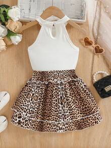 Girls' Summer Leopard Print Camisole & A-Line Skirt Set - White - View 2