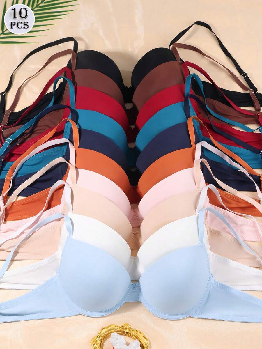 10pcs/Set Women's Solid Color Underwire Bras, Simple & Comfortable Lingerie Set - Multicolor - View 1