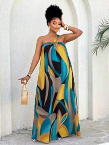 Summer Fruit Green Solid Color, Single Shoulder Sleeveless Design With A Circular Ring, Women's Long Dress, For Home Leisure, Beach Vacation And Travel - Greenish Yellow - View 3