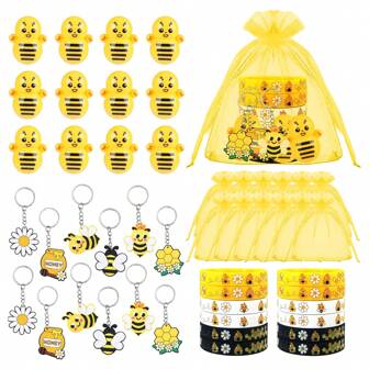 12 set de favoruri pentru petreceri cu tema albinelor, inclusiv 12 bucăți brelocuri cu albine, 12 bucăți brățări din cauciuc tip fagure, 12 buc pahare pentru albine Wobbler Roly 12 pungi cadou din organza, perfecte pentru petreceri tematice cu albine, petreceri cu floarea soarelui, petreceri cu fagure de miere