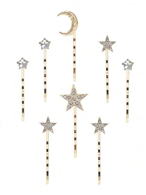 5/7/8pcs Metal Hair Clips With Rhinestone Star, Moon & Faux Pearl Decor, Hair Accessories For Wedding, Party, Updo Hairstyles, Moon Shaped Hair Clips Set Claw Clips Hair Claws Hair Barrettes