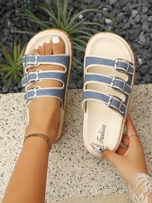 Women's Fashion Adjustable Strap Flat Sandals, Versatile Slip-On Beach Slippers Suitable For Summer - Blue and White - View 1