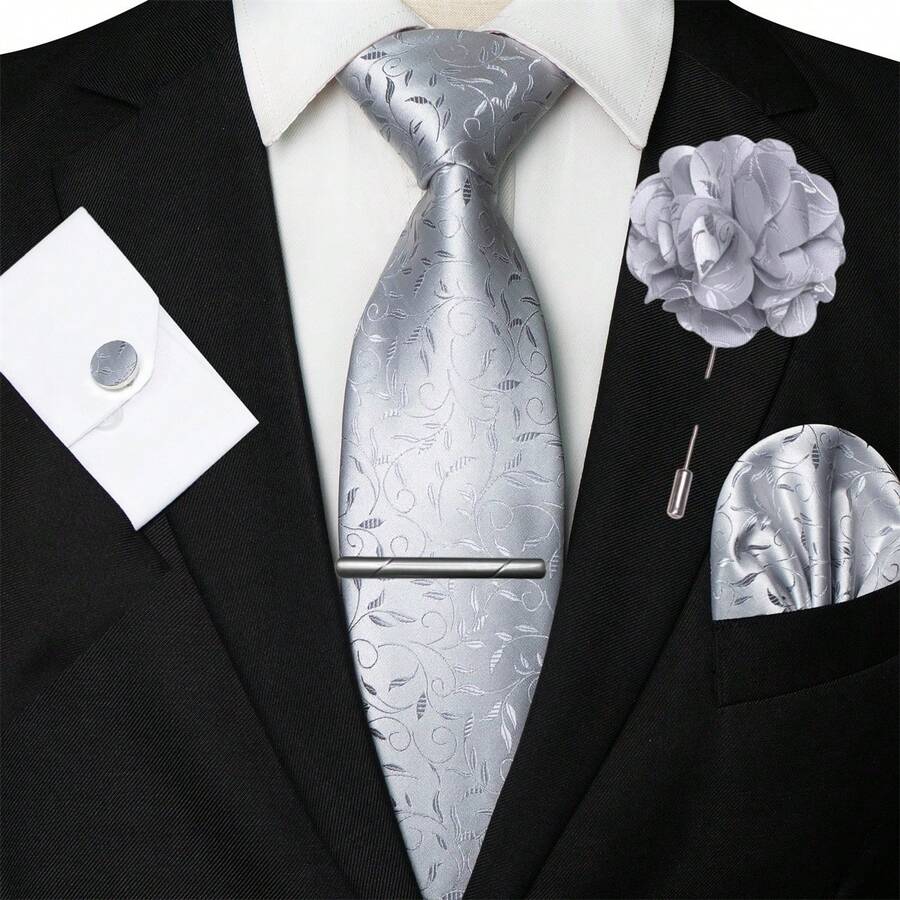 Bộ phụ kiện vest nhiều món gồm 1/2/3/4/5 chiếc cà vạt họa tiết hoa dành cho nam, cà vạt satin, kẹp cà vạt bạc, khăn cài túi, khuy măng sét và hoa cài áo, thích hợp làm quà tặng cho Ngày của Cha, kỷ niệm, sinh nhật, họa tiết cổ điển phù hợp hoàn hảo với tuxedo, tuyệt vời cho các sự kiện trang trọng, đám cưới, tiệc tùng, tụ họp thường ngày Cà vạt nam - Bạc - Xem 1