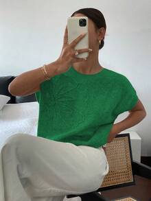 Elegant Women Loose Knit Sleeveless Vest, Casual Versatile Basic Top, Retro Vintage Style, Suitable For Spring/Summer, Back To School Season, Christmas, Thanksgiving, New Year And Other Occasions (Flower Placement Random)