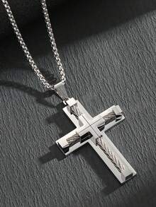 1 Piece Men's Large Cross Chain Necklace, Stainless Steel Byzantine Chain With Silver, Gold And Black Color Options, Cross Pendant Necklace Suitable For Daily Wear, Holiday Gift - Wire Cross - View 6