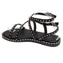 Gladiator Style Flat Sandals With Rivets, Criss-Cross Straps And Adjustable Buckle - Black - View 6