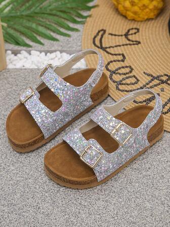 1 双儿童厚底凉鞋，夏季新款女童露趾凉鞋，适合幼儿和小孩的休闲沙滩鞋