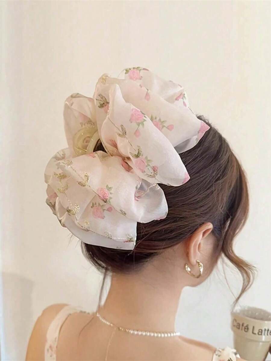 1个优雅花卉网纱蝴蝶结装饰发爪夹，复古大号发夹，马尾辫发圈，适合女性和女孩，发夹，发饰，发爪夹，发饰，秋冬假日装扮配饰，夏季装扮发夹 - 彩色 - 查看 1
