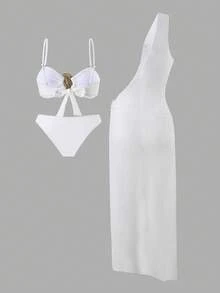 3pcs Set: Simple Solid Color Swimwear Top With Metal Accent, V-Cut Triangle Shorts, And Solid Color Side Trim Maxi Skirt Cover Up - White - View 6