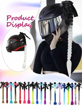 1 pieza 20 pulgadas Trenzas de pelo para casco de motos en colores rojo, negro, verde, amarillo, morado, rosa y azul con moño desmontable y ventosa, decoración para colas de pelo (casco no incluido)