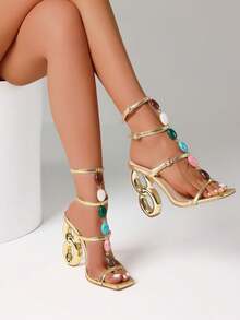 Women's High Heels Sandals Fashion Beaded Ankle Strap Open Toe Party Dress Sexy Sculptural Heels Summer Sandals Woman - 金色 - 查看 5