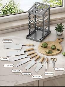 Stainless Steel Knife Holder - Kitchen Countertop Organizer With Drain Tray, Space-Saving Cutlery Storage