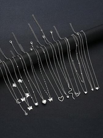 12 件/套心形、蝴蝶、水晶、闪亮星星、月亮、泪珠、蛇形仿珍珠吊坠多层项链套装，时尚、简约、优雅、复古设计，适合节日、派对、日常佩戴、礼物