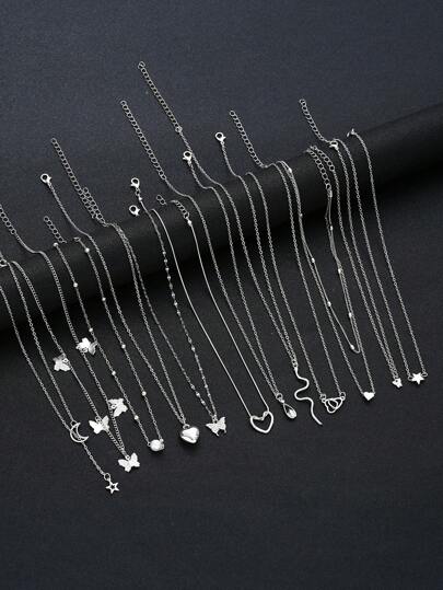 12pcs/Set Heart, Butterfly, Crystal, Shiny Star, Moon, Teardrop, Snake Shape Faux Pearl Pendant Multi-Layer Necklace Set, Fashionable, Minimalist, Elegant, Retro Design, Suitable For Holiday, Party, Daily Wear, Gift