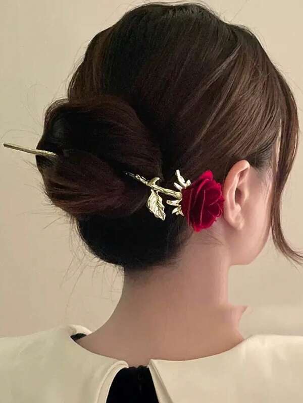 Grampo de cabelo de metal com flores flocadas em estilo chinês clássico com rosas vermelhas, acessório de cabelo cheongsam retrô, acessórios de cabelo, grampo de cabelo, coque, modelador de coque, grampos de cabelo