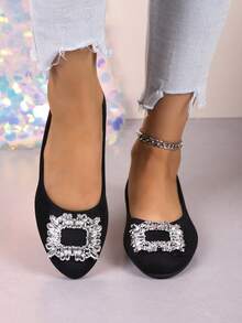 Pointed Toe Slip-On Flats For Women, Spring 2025 New Arrivals, Square Buckle Crystal Decor, Suitable To Wear With Dress, Soft Bottom Work Shoes, Elegant And Comfortable - Simple and Elegant Black - View 5