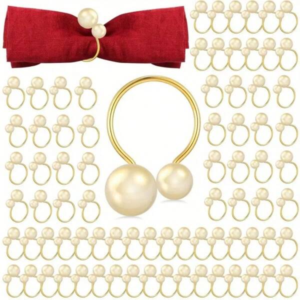 10pcs/100pcs Artificial Metal Pearl Napkin Rings, Gold Napkin Holders, Table Napkin Clips, For Wedding Banquet Table Decor, Applicable For Party, Home Gathering Tableware