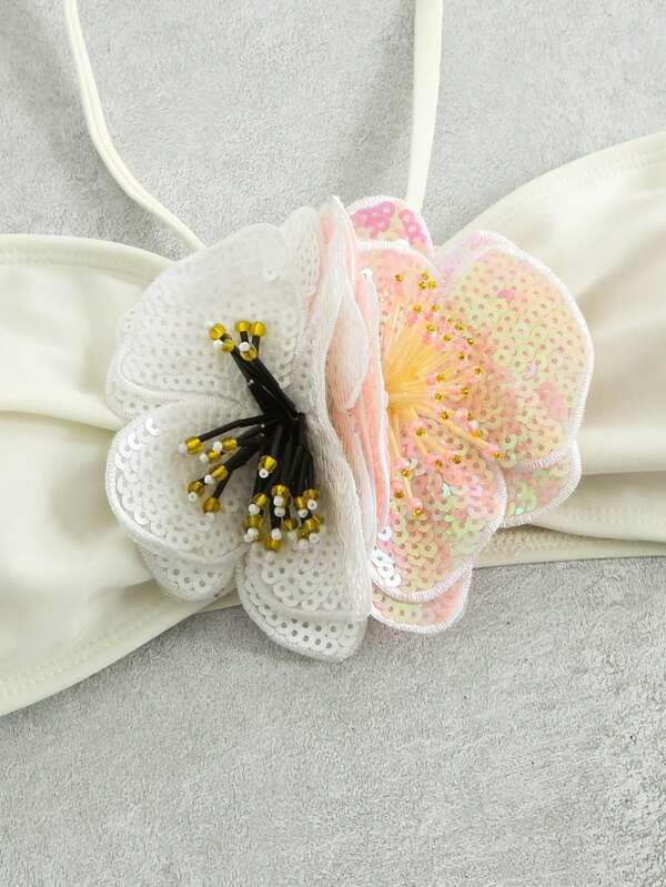 3pcs/Set Women Summer Beach Bikini Swimsuit, Solid Color Strapless Bustier Swimwear Top With Sequin Flower Decor, Regular Waist Swimwear Bottom, One Shoulder Belted High-Low Split Cover Up Dress, Elegant Fashion, Comfortable Fit, Suitable For Pool Party And Beach Vacation, Ladies Swimwear And Outfit