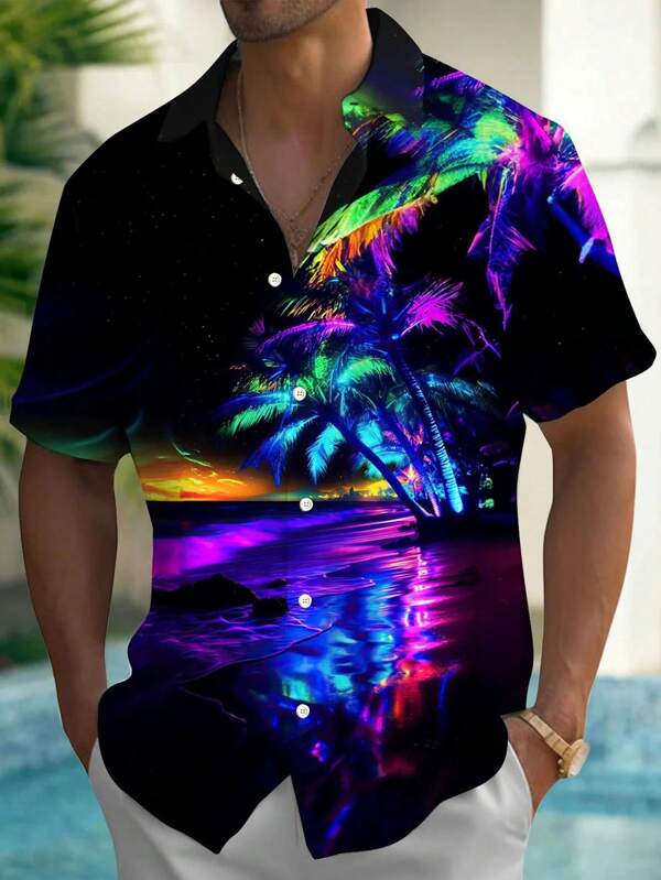 Colorful Gradient Botanical 3D Digital Print Button Down Hawaiian Aloha Shirt For Men, Summer