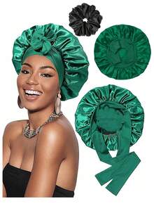 2件套缎面睡帽，女士多层发帽，配1个发圈和弹性绑带睡帽 - 彩色 - 查看 4