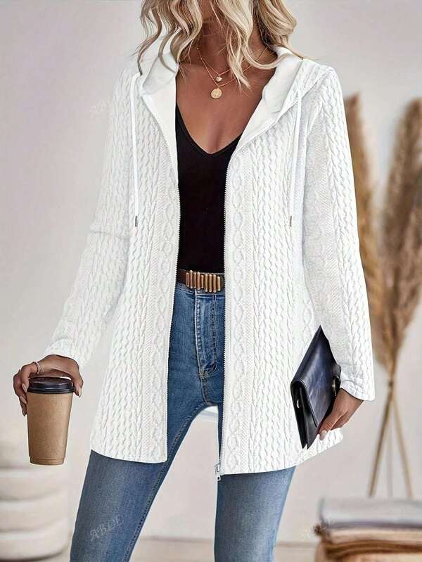 Plus Size Dames Mode Elegante Textuur Effen Kleur Rits Capuchon Cardigan Buitenkleding, Herfst/Winter